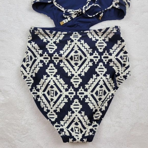 Tory Burch Blue White Tapestry Geometric Cut Out One Piece Swimsuit Size XS - Picture 10 of 14